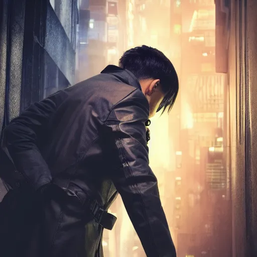 Image similar to Movie poster, cyberpunk, futuristic, technology, detective in trench coat looking away from the camera, cinematic lighting, depth of field, highly detailed