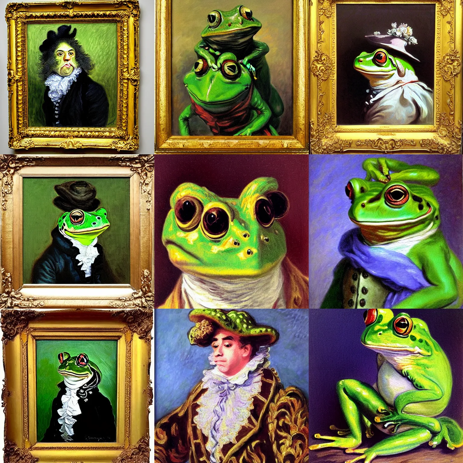 Image similar to portrait rococo painting of frog gentleman by monet