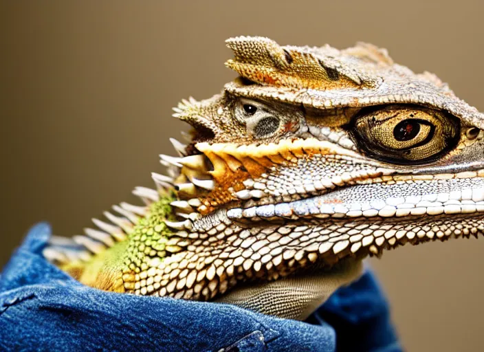 Image similar to dslr portrait still of a bearded dragon driving a little toy car, 8 k 8 5 mm f 1. 4