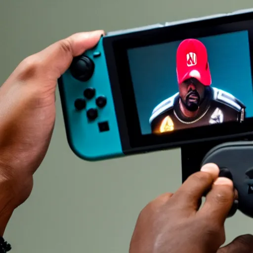 Image similar to kanye west playing the nintendo switch, worried look on face, shot on iphone