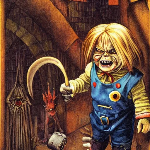 Image similar to fantasy painting of chucky by judson huss and henriette grindat and albrecht durer | horror themed | creepy