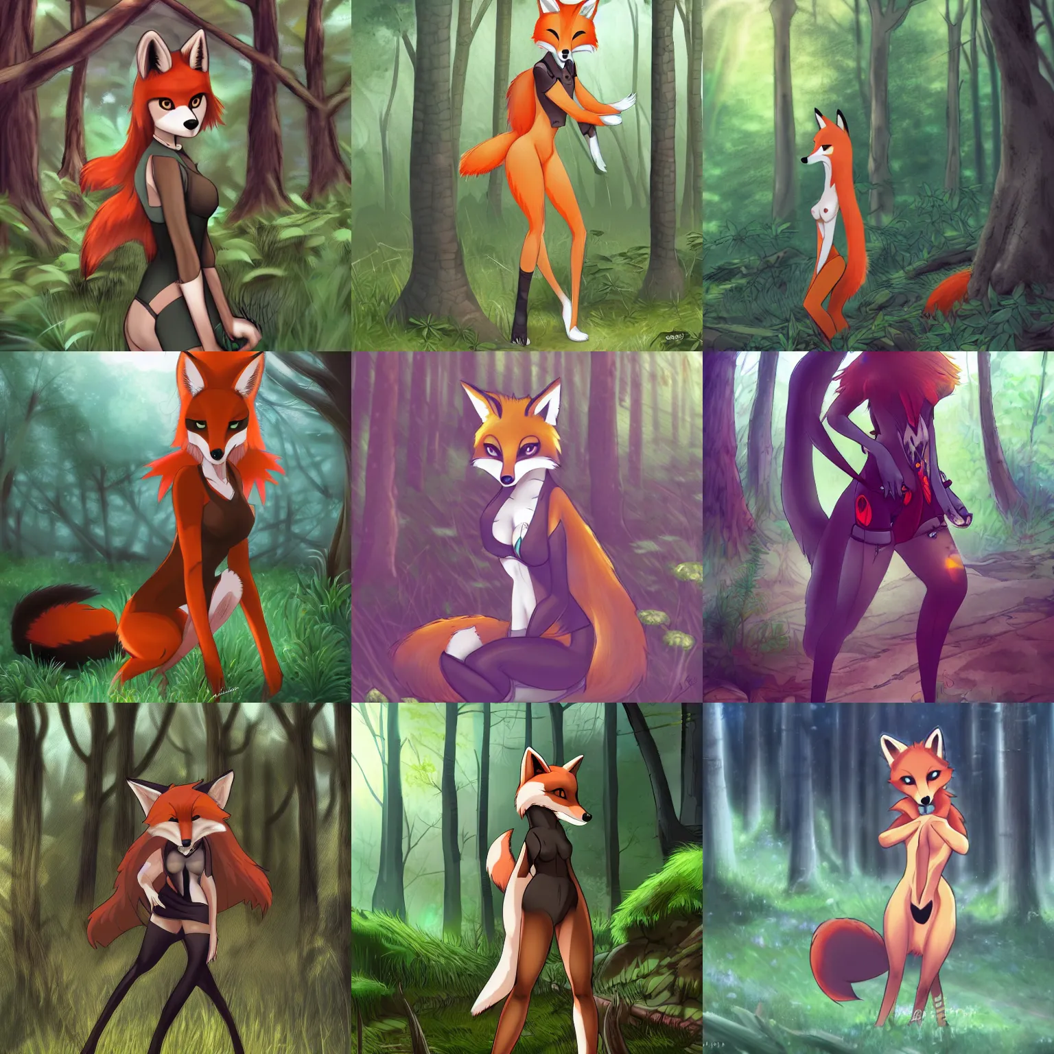 Prompt: female anthro fox standing in a forest, anime, pixiv, hibbary, dark natasha, goldenwolf, furaffinity