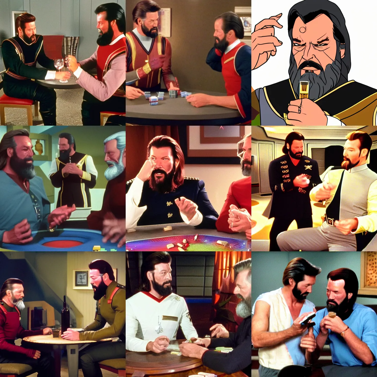 Prompt: commander riker extremely drunk playing quarters with worf