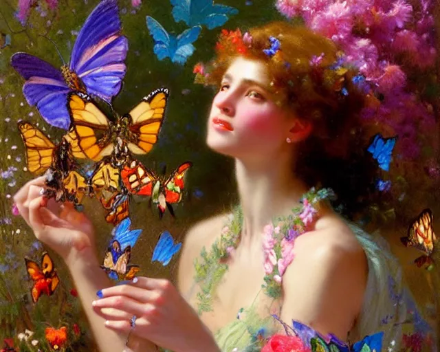 Prompt: an attractive girl wearing a colourful dress and surrounded by butterflies and flowers. highly detailed painting by gaston bussiere, craig mullins, j. c. leyendecker 8 k