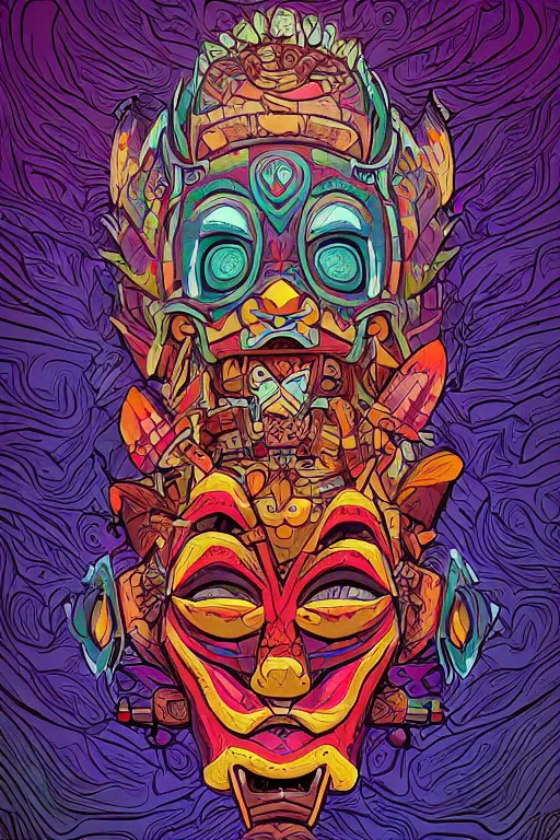 Image similar to totem animal mask tribal feather gemstone plant wood rock shaman vodoo video game vector illustration vivid multicolor borderlands comics by josan gonzales and dan mumford radiating a glowing aura