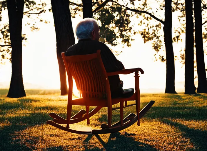 Prompt: an old man in a rocking chair from behind, golden hour, canon eos r 3, f / 1. 4, iso 2 0 0, 1 / 1 6 0 s, 8 k, raw, unedited, symmetrical balance, in - frame