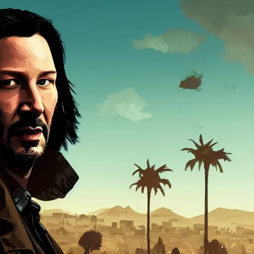 Prompt: keanu reevez in the role of main character from disco elysium, game poster