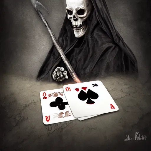 Image similar to Grim reaper playing card, digital art, cinematic, hyper realism, high detail,