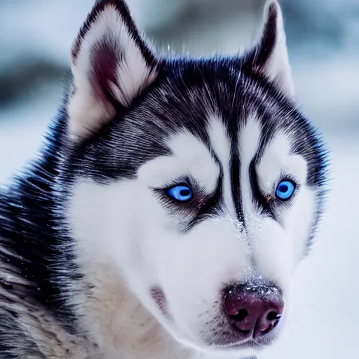 Image similar to A husky puppy with two different colored eyes, snowy environment, detailed close-up, 4k photo