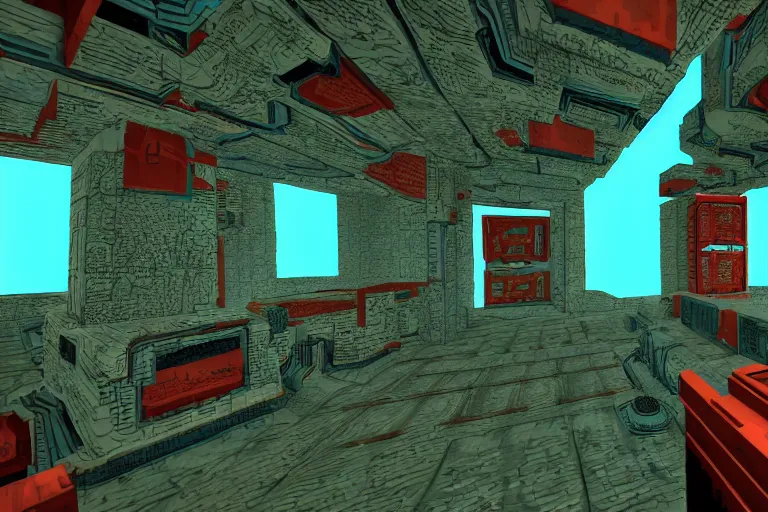 Image similar to screenshot from a custom map for doom with a turquoise color theme