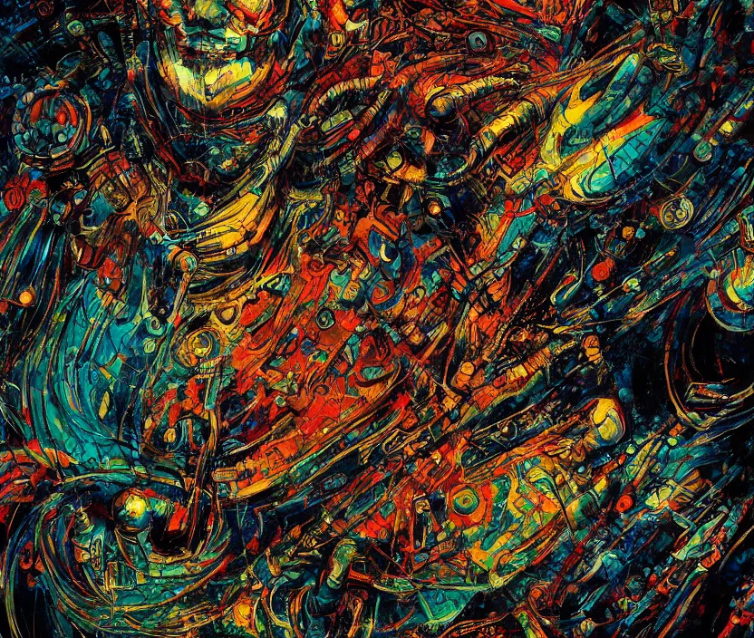 Prompt: psychedelic cybernetic technological abstract textured wallpaper, rembrandt, jackson pollock, hayao miyazaki, kentaro miura, beautiful brush strokes and colors, relaxing concept art, chill vibes, calm, smooth, gorgeous, advanced lighting technology, stylized, expressive