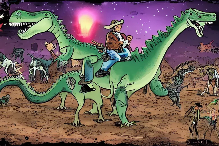 Prompt: cowboys riding dinosaurs fighting against mecha goblins, comic, lazers, action