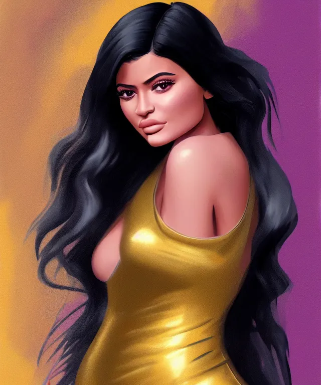 Image similar to Kylie Jenner in a shiny golden dress, highly detailed, digital painting, artstation, concept art, smooth, sharp focus, illustration, ArtStation