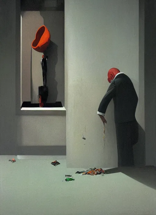 Image similar to magician with a trash over his head praying to a trash bin Edward Hopper and James Gilleard, Zdzislaw Beksinski highly detailed