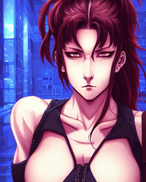 Image similar to a portrait of revy from black lagoon manga, symmetrical eyes, symmetrical face, art by lois van baarle and loish and ross tran and rossdraws and sam yang and samdoesarts and artgerm, digital art, highly detailed, intricate, sharp focus, trending on artstation hq, deviantart, unreal engine 5, 4 k uhd image