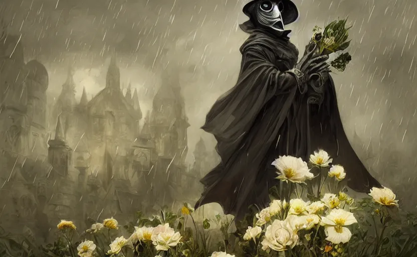 Prompt: plague doctor holding flowers, heavy rain, wind, thunder, reflections, deep focus, d & d, fantasy, intricate, elegant, highly detailed, digital painting, artstation, concept art, matte, sharp focus, illustration, hearthstone, art by artgerm and greg rutkowski and alphonse mucha