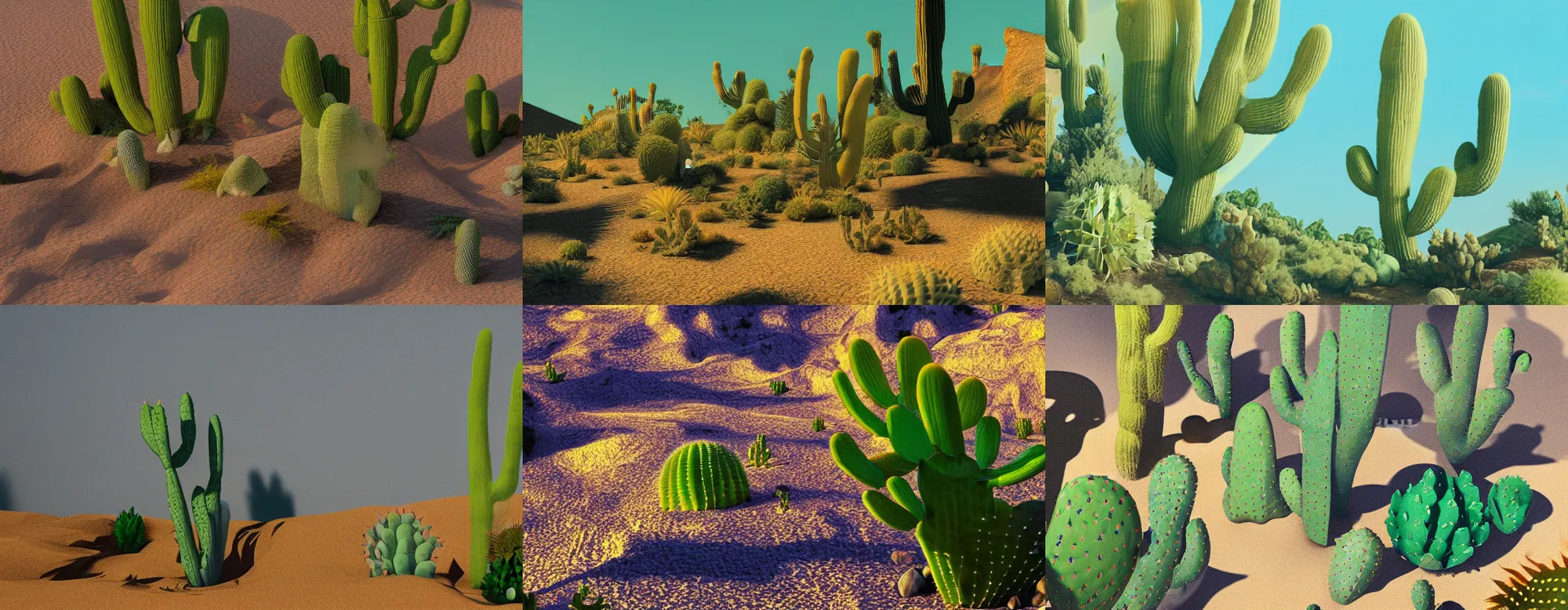 Prompt: Lizard land dreamscape with cactus, shadow ray tracing