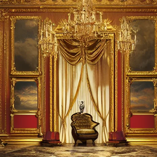 Prompt: 8k highly detailed oil matte painting by Charles Landelle of A French Bulldog King, decadent throne room, ornate furniture, ornate French architecture