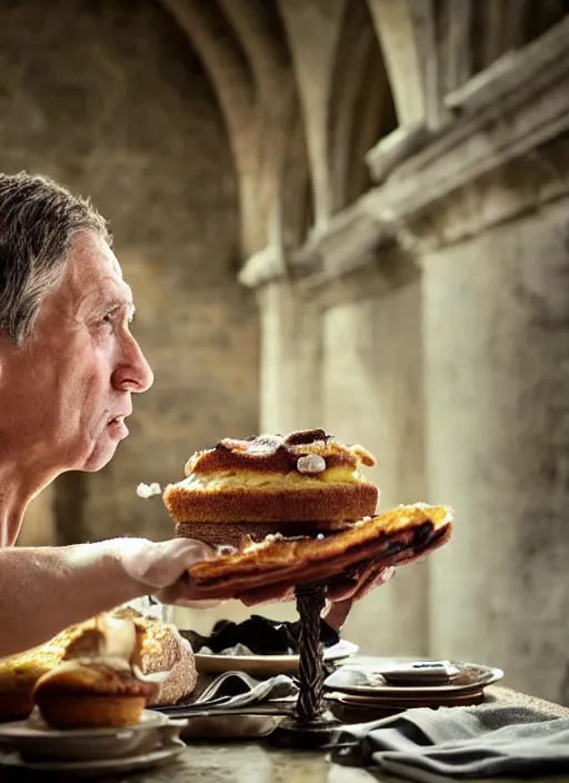 Image similar to closeup portrait of a medieval goblin eating cakes in the cloisters, depth of field, zeiss lens, detailed, symmetrical, centered, fashion photoshoot, by Annie Leibovitz and Steve McCurry, David Lazar, Jimmy Nelsson, Breathtaking, 8k resolution, extremely detailed, beautiful, establishing shot, artistic, hyperrealistic, beautiful face, octane render