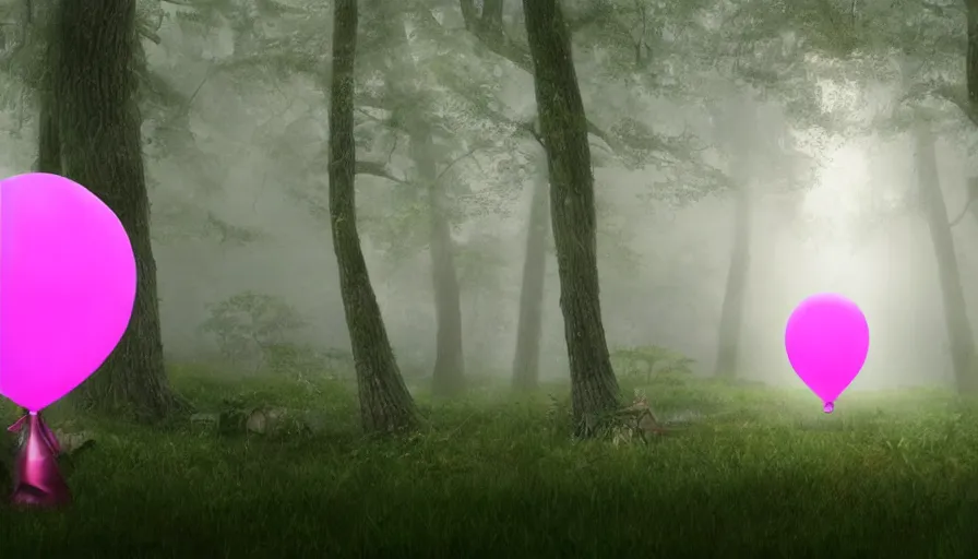 Image similar to A bright pink balloon shaped like a unicorn floats lonely through a dark foggy Forest, Digital Art, Photorealism, Hyper Realistic, Hyperdetailed, Movie Screenshot, iMAX Quality