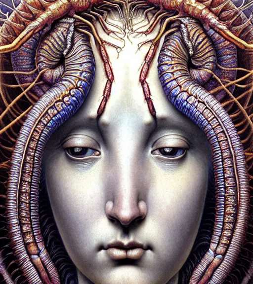 Image similar to detailed realistic beautiful shrimp goddess face portrait by jean delville, gustave dore, iris van herpen and marco mazzoni, art forms of nature by ernst haeckel, art nouveau, symbolist, visionary, gothic, neo - gothic, pre - raphaelite, fractal lace, intricate alien botanicals, ai biodiversity, surreality, hyperdetailed ultrasharp octane render