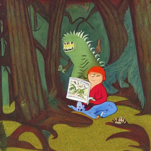 Image similar to monster reading a book in a forest, where the wild things are, bicycle nearby, oil on canvas, calm, maurice sendak