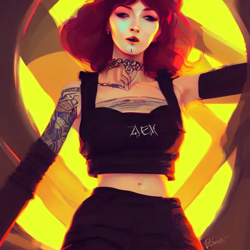 Image similar to portrait of a beautiful punkrock woman in crop top, by guweiz