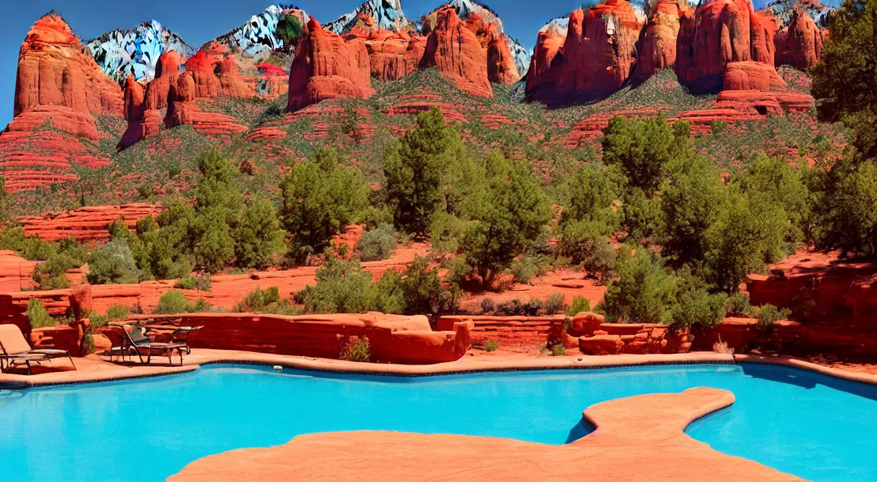 Prompt: a beautiful day in Sedona by a pool,colorised,photograph