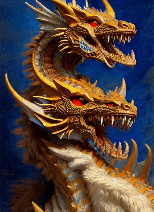 Image similar to artstation, intricate details, hyper details, by gaston bussiere and sandro botticelli, cute anthropomorphic blue dragon husband, snarling, furry