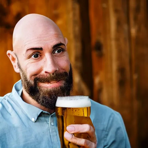 Prompt: bald man with short trimmed beard drinking beer