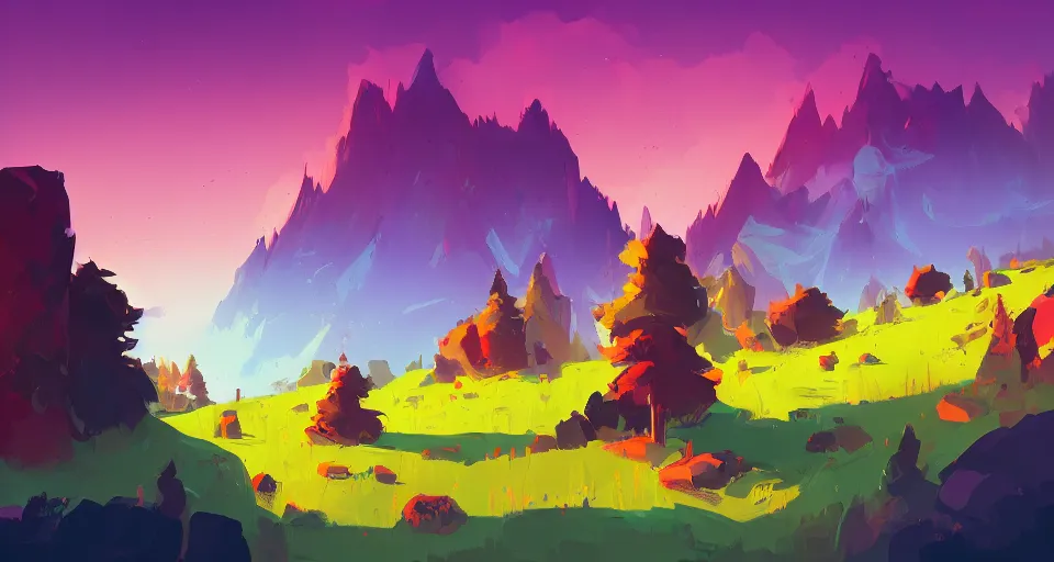 Prompt: a beautiful landscape with trees and mountains, by anton fadeev