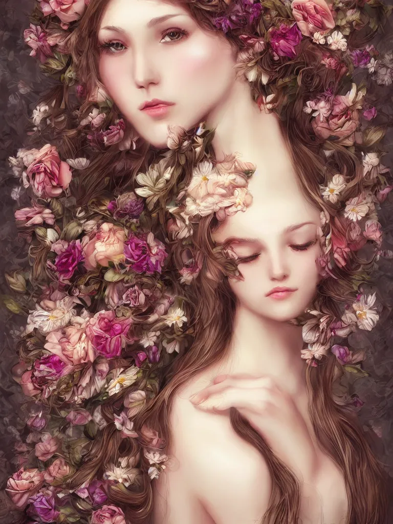 Image similar to beautiful girl digital art long hair with flowers baroque artgerm style