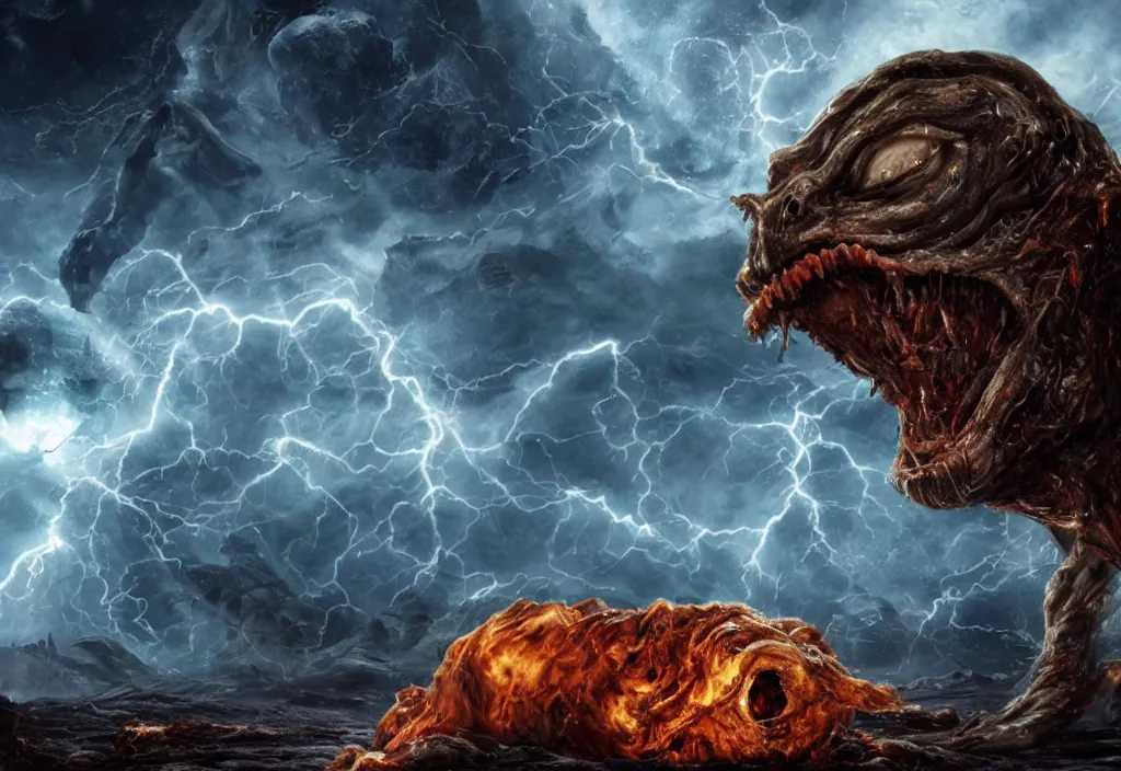 Image similar to eldritch horror bloody garfield in space, hd, 8 k, giant, epic, realistic photo, unreal engine, prophecy, powerful, cinematic lighting, destroyed planet, debris, violent, sinister, ray tracing, dynamic, epic composition, dark, horrific, teeth, grotesque, monochrome drawing, hellscape, corpses, foreboding, lightning, garfield cartoon eyes