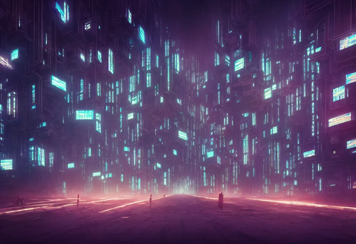 Image similar to inside of dystopian future cityscape with hundreds of illuminated windows and signs, of human mind and imagination, matte painting, beautiful render, octane render, concept art
