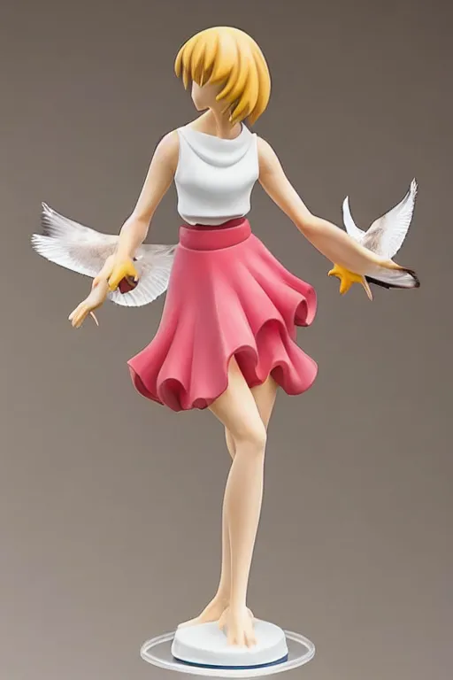 Prompt: figurine of seagull wearing an elegant summer blouse, personification!!!!!!!, embodiment of concept, symbolization, official store photo, commercial photo, featured on amiami, lovecraftian, 8 k, 8 5 mm, beautiful composition, smooth curves