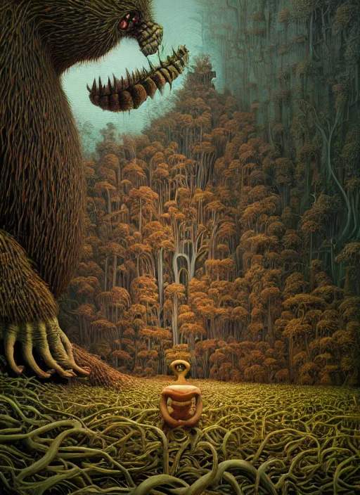 Image similar to hyper detailed 3d render like a Oil painting - where the wild things are by Jacek Yerka, Mariusz Lewandowski, Houdini algorithmic generative render, Abstract brush strokes, Masterpiece, Edward Hopper and James Gilleard, Zdzislaw Beksinski, Mark Ryden, Wolfgang Lettl, hints of Yayoi Kasuma, octane render, 8k