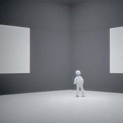 Image similar to a paragraph written on the side wall of a large cubic white room with no objects, misterious, 3 d perspective, still from movie by stanley kubrick