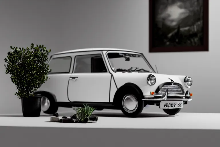 Prompt: a small miniature of a Mini Cooper S 1963 on a white table near a vase with a plant near a window at sunset, 3d render, unreal engine 5, octane render, 4k, low contrast, ray tracing, serene landscape, calm, relaxing, beautiful landscape, highly detailed, high quality, product photo, hyperrealistic, concept art, symmetrical, centered, godrays