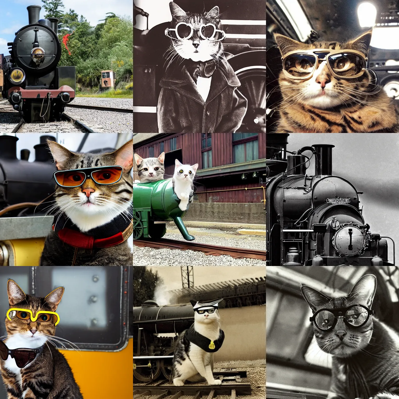 Prompt: a cat with aviator glasses as a driver of a steam locomotive