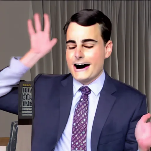 Prompt: Ben Shapiro crying at a furry conventiom