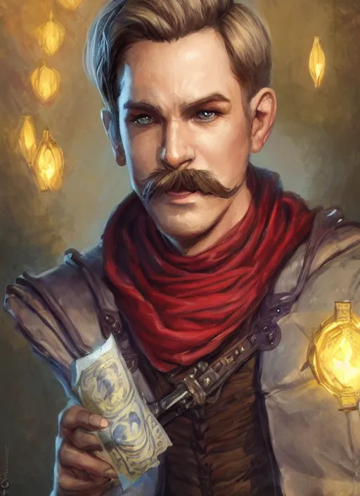 Image similar to young man with short white hair and moustache, dndbeyond, bright, colourful, realistic, dnd character portrait, full body, pathfinder, pinterest, art by ralph horsley, dnd, rpg, lotr game design fanart by concept art, behance hd, artstation, deviantart, hdr render in unreal engine 5