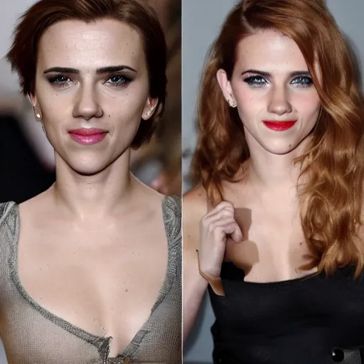 Image similar to a woman who is a genetic combination of scarlett johansson and emma watson face and upper - body focus