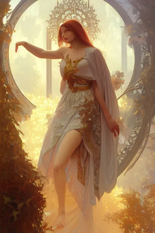 Image similar to painting of a shy noon in front of a dimensional portal, decorated, intricate, elegant, highly detailed, digital painting, artstation, concept art, smooth, sharp focus, illustration, art by artgerm and greg rutkowski and alphonse mucha, 8 k