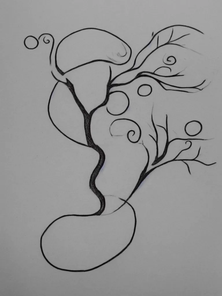 Image similar to a clean single line drawing sketch for a tattoo, acorn that turns into a tree that is also a treble clef with scar line in the middle, clean single line tattoo with color bursts when crossing scar