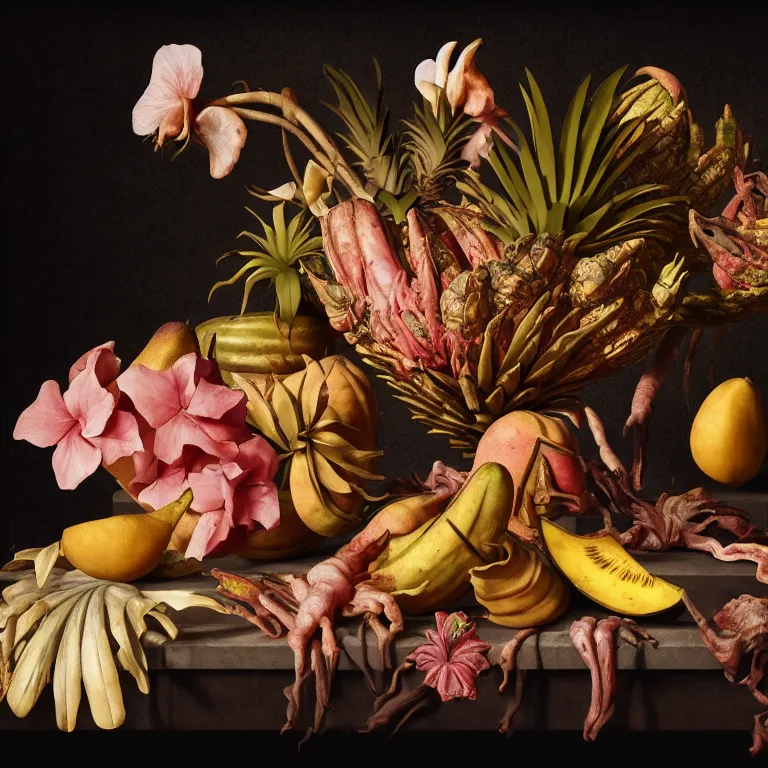 Image similar to still life of rotten flesh, beautiful tropical flowers, human spine, tropical fruit baroque painting, beautiful detailed intricate insanely detailed octane render, 8K artistic photography, photorealistic, chiaroscuro, Raphael, Caravaggio