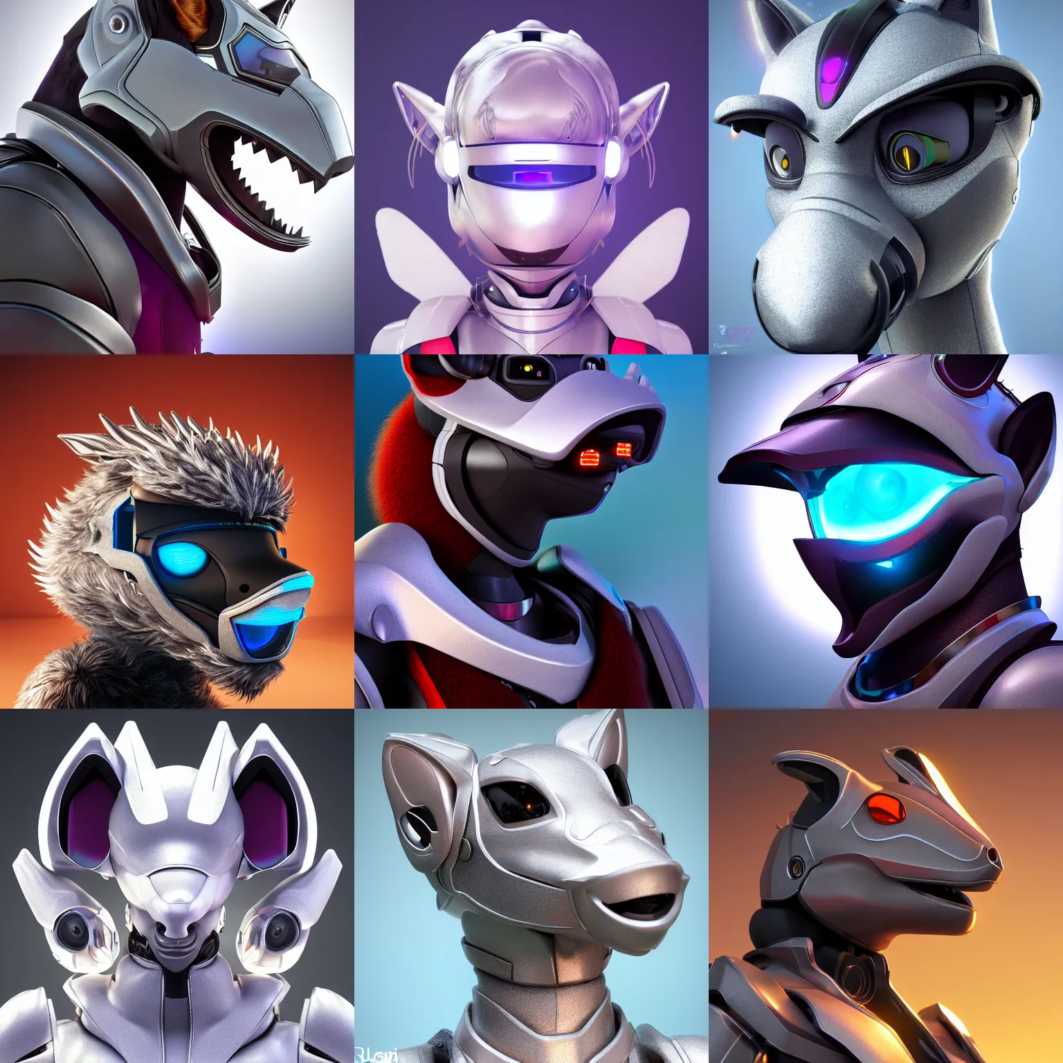 Prompt: very very beautiful furry art, bust profile picture of a female robotic anthro silver dragon, visor screen for face, snout under visor, commission on furaffinity, cgsociety, octane render, vibrant colors