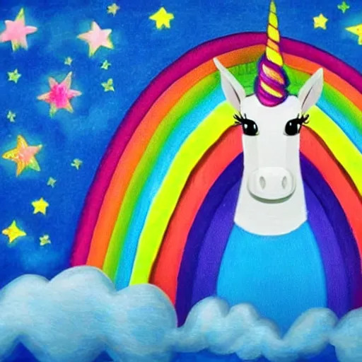 Image similar to a perfectly symmetrical unicorn under a rainbow with stars in the sky