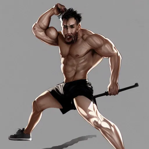 Prompt: Gigachad Sam Hyde flexing muscular body, wearing black shorts and white sneaker shoes, portrait of by Stanley Artgerm Lau, WLOP, Rossdraws, James Jean, Andrei Riabovitchev, Marc Simonetti, Yoshitaka Amano, ArtStation, CGSociety,