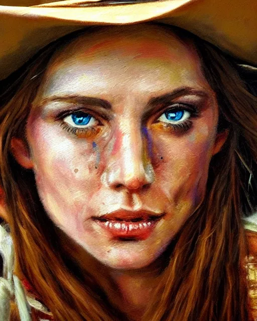 Image similar to oil painting portrait of cowgirl with small burn scar, high production value, intricate details, high resolution, hdr, high definition, masterpiece, realistic, ultrarealistic, highly detailed, hd, sharp focus, non blurry, sharp, smooth