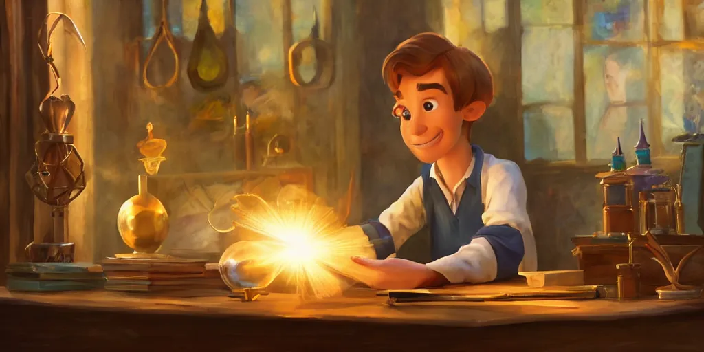 Image similar to a young caucasian male mage they are in a alchemy workshop working at there desk. consistent face, colorful, light rays, medium shot, waist up, sharp focus, bloom, dramatic lighting, very detailed, by pixar, dreamworks and marvel